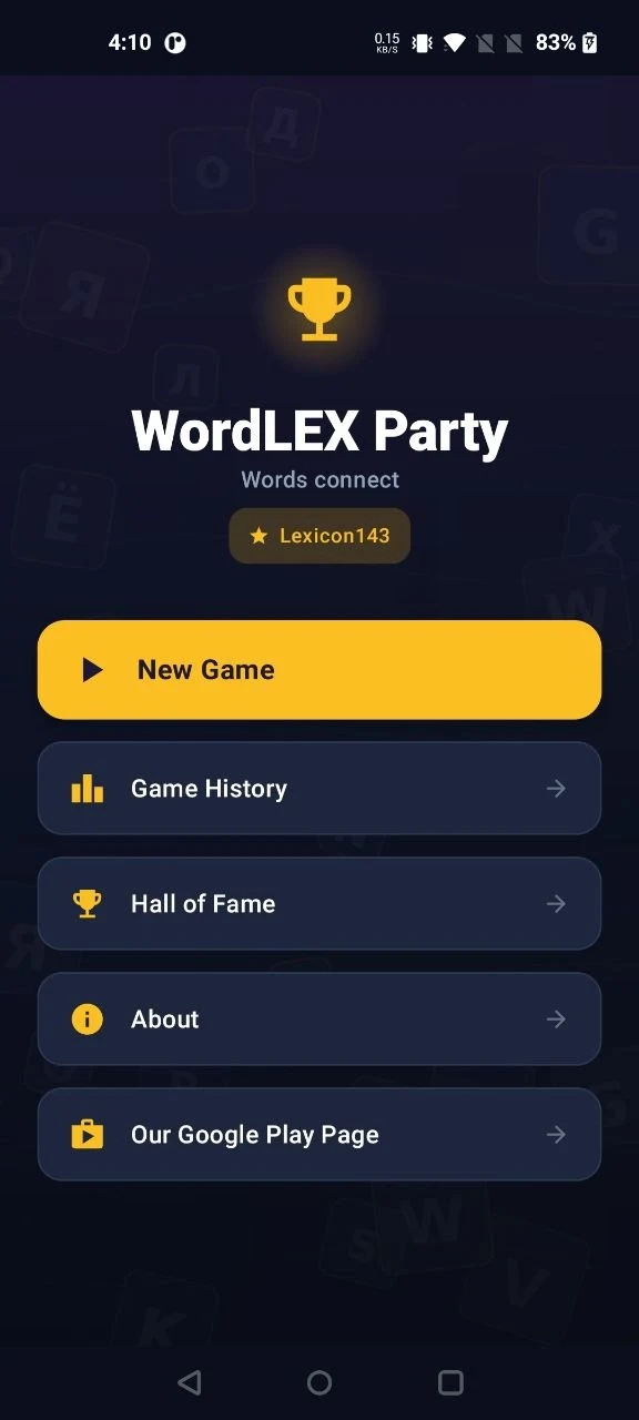 Main menu of WordLEX Party with buttons for a new game, a saved game, game history, Hall of Fame and settings.